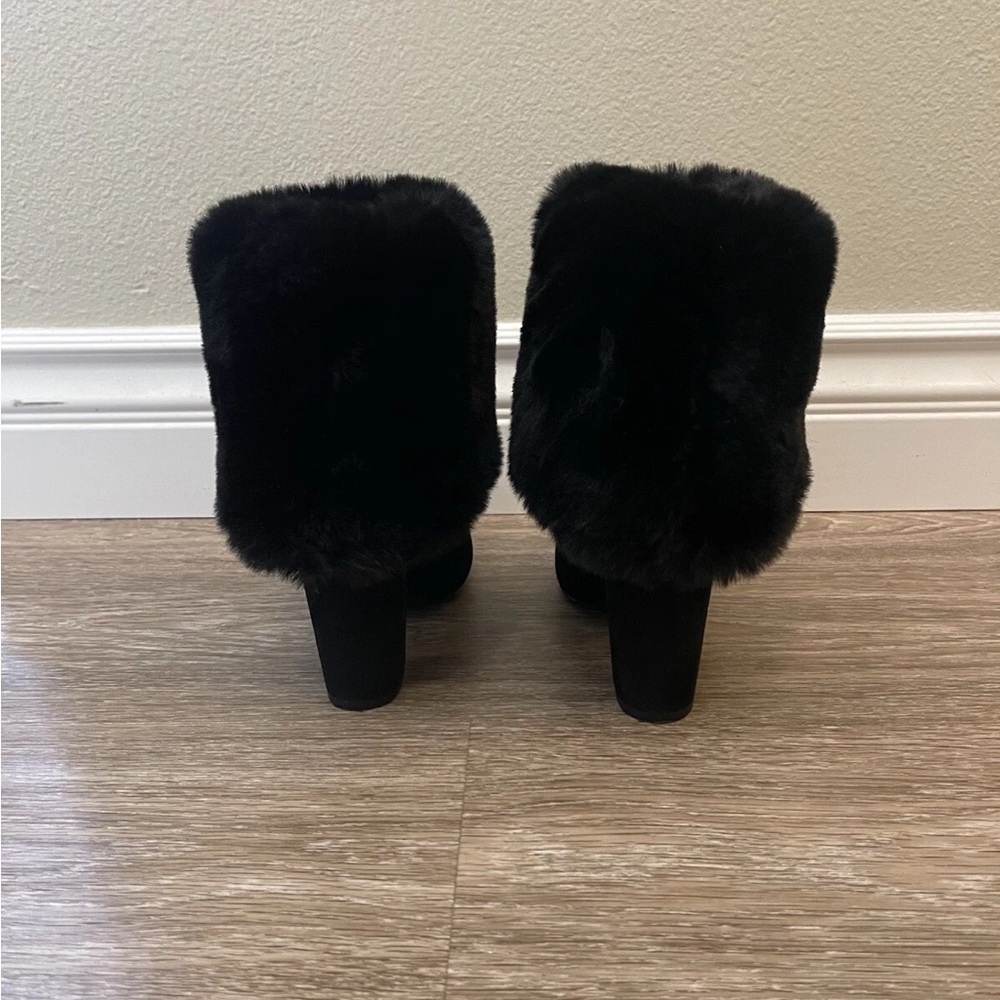 Nine West Black Faux Fur Cuff Pointed Toe Block Heel Ankle Boots - Picture 3 of 10